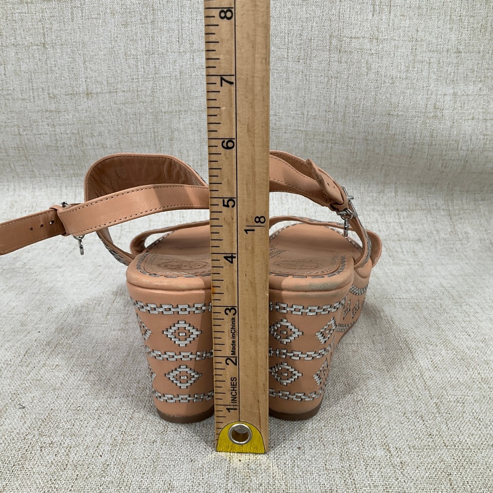 Tory Burch Reena Wedge Sandals Womens 9M Tan Leather Embroidered Platform - Picture 4 of 8